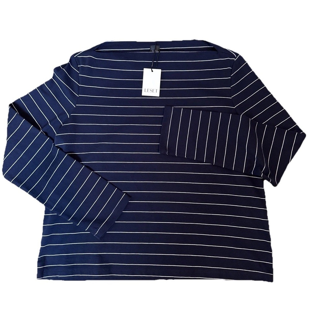 Leset Women L Navy Basic Striped 100% Cotton Boat Neck Long Sleeve T-Shirt USA